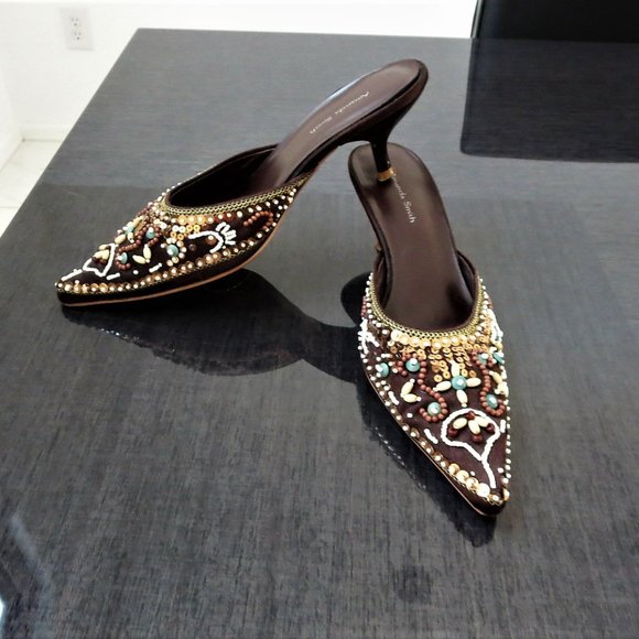 Amanda Smith Shoes - Kitten Heel Beaded Mules Turquoise Brown Gold BOHO